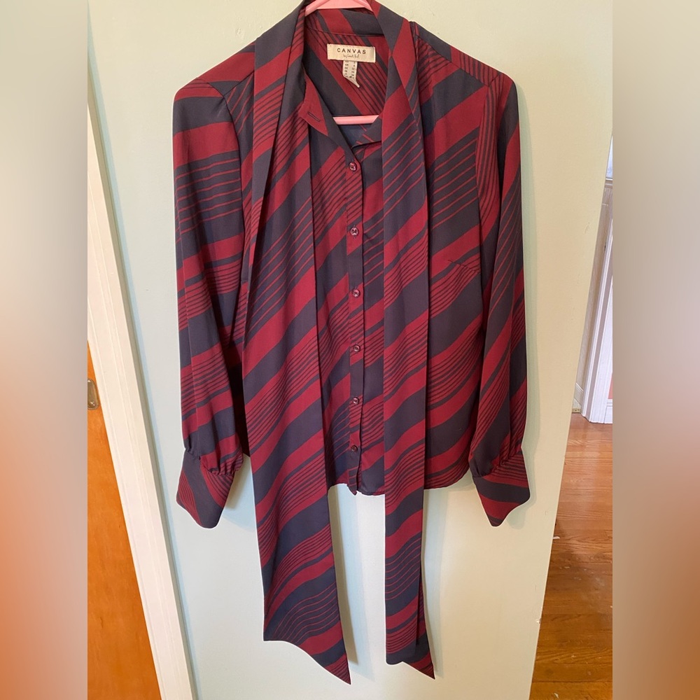 “Canvas” by Lands' End burgundy and Navy Blue Striped Blouse